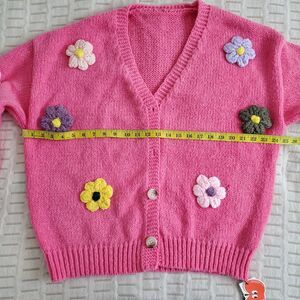 Cider Pink Chunky Crochet Flower Applique Knit Cardigan Sweater Womens 1XL